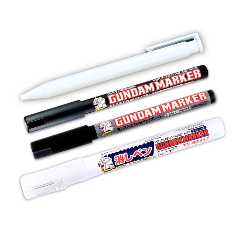 Someie GSI Creos Gundam Marker Pour Type GM301 Black & GM302 Gray & Eraser Pen GM300 & Knock-Type Eraser Flow-in Type Panel Lining Pens - Image 1